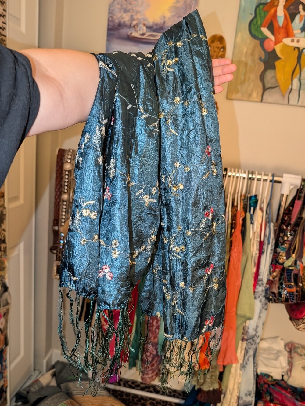 Dark Blue Floral Embroidered Fringe Scarf